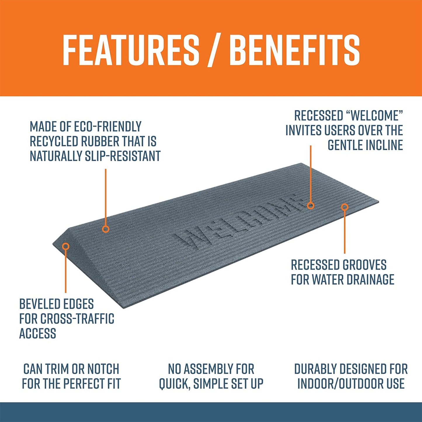 EZ-ACCESS TRANSITIONS 1.5" Rectangular Rubber Angled Welcome Entry Mat, Gray