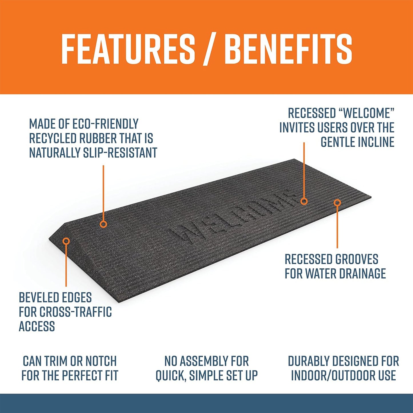 EZ-ACCESS TRANSITIONS 1.5" Rectangular Rubber Angled Welcome Entry Mat, Black