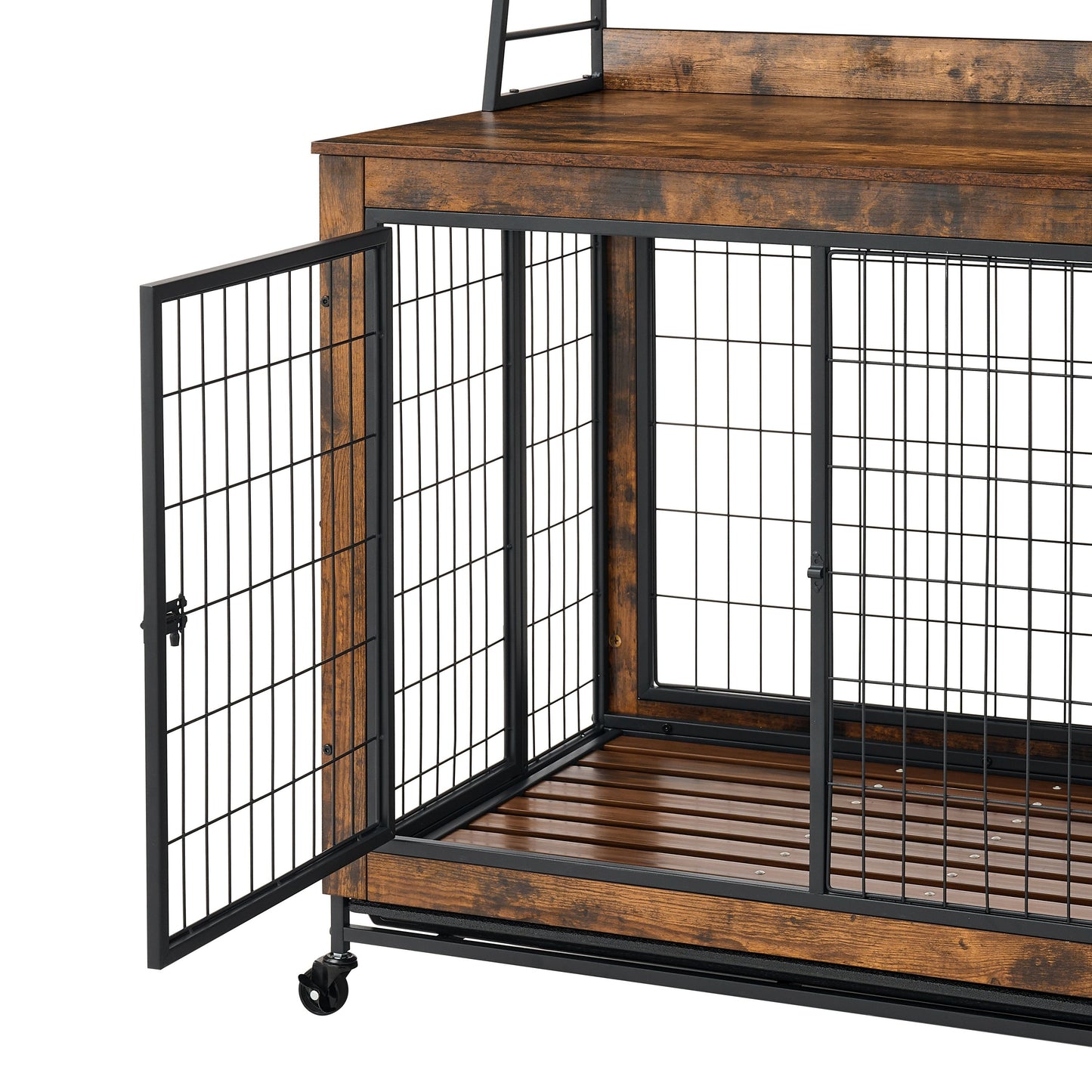 Furniture type dog cage iron frame door with cabinet, two door design, Rustic Brown,37.99"WX27.36"DX59.92"H