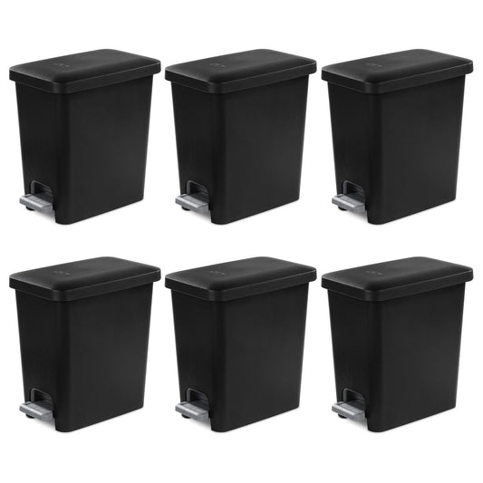 Sterilite 2.7 Gallon Rectangular Step On Trash Bin Wastebasket, Black (6 Pack)
