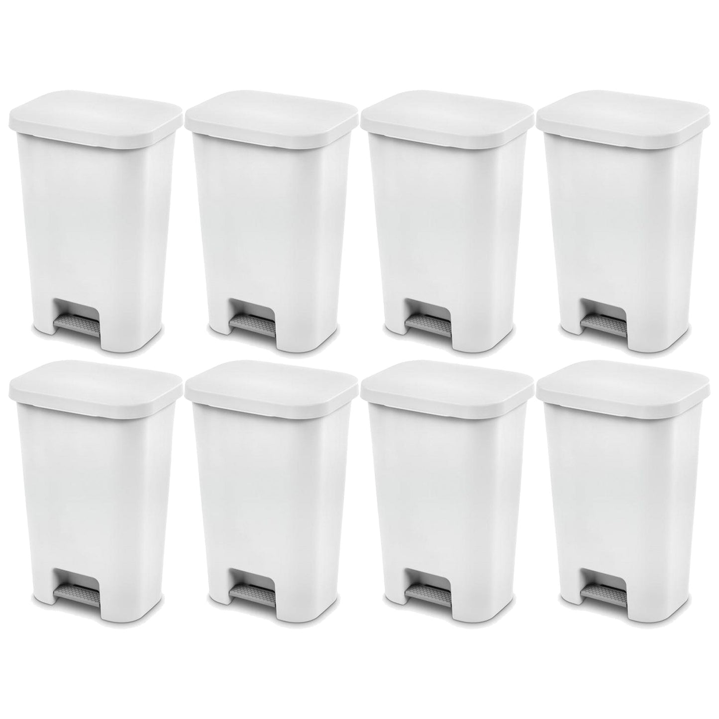 Sterilite 11.9 Gal Rectangle Step On Trash Kitchen Wastebasket, White (8 Pack)