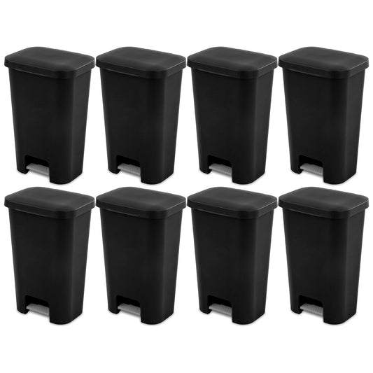 Sterilite 11.9 Gal Rectangle Step On Trash Kitchen Wastebasket, Black (8 Pack)