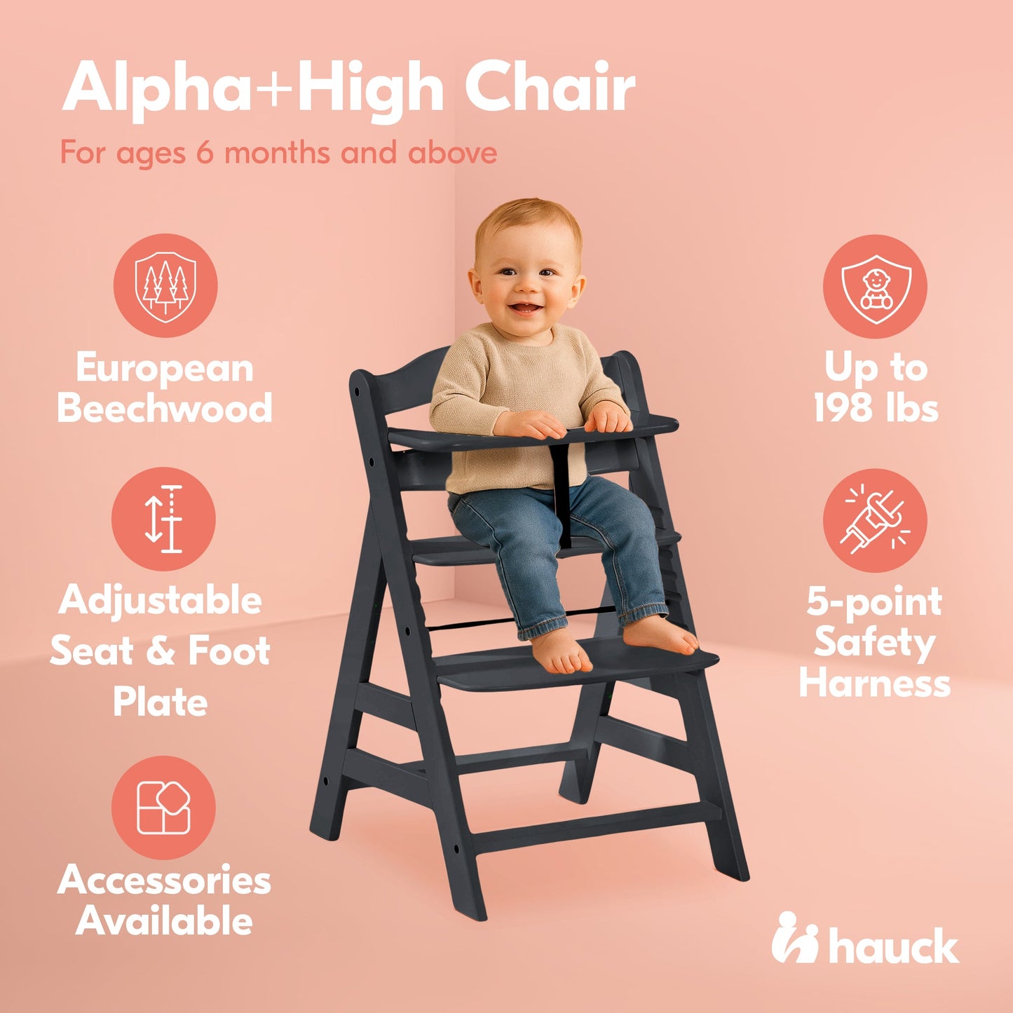 hauck Alpha+ Grow Along Adjustable Wooden Highchair, Beechwood, Black Finish