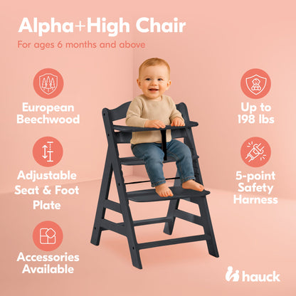 hauck Alpha+ Grow Along Adjustable Wooden Highchair, Beechwood, Black Finish