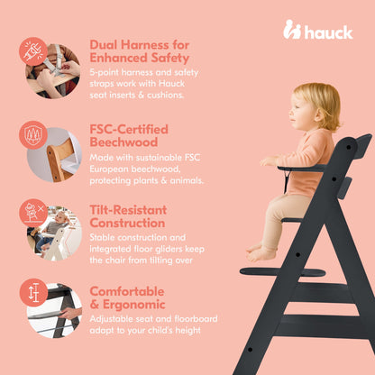 hauck Alpha+ Grow Along Adjustable Wooden Highchair, Beechwood, Black Finish