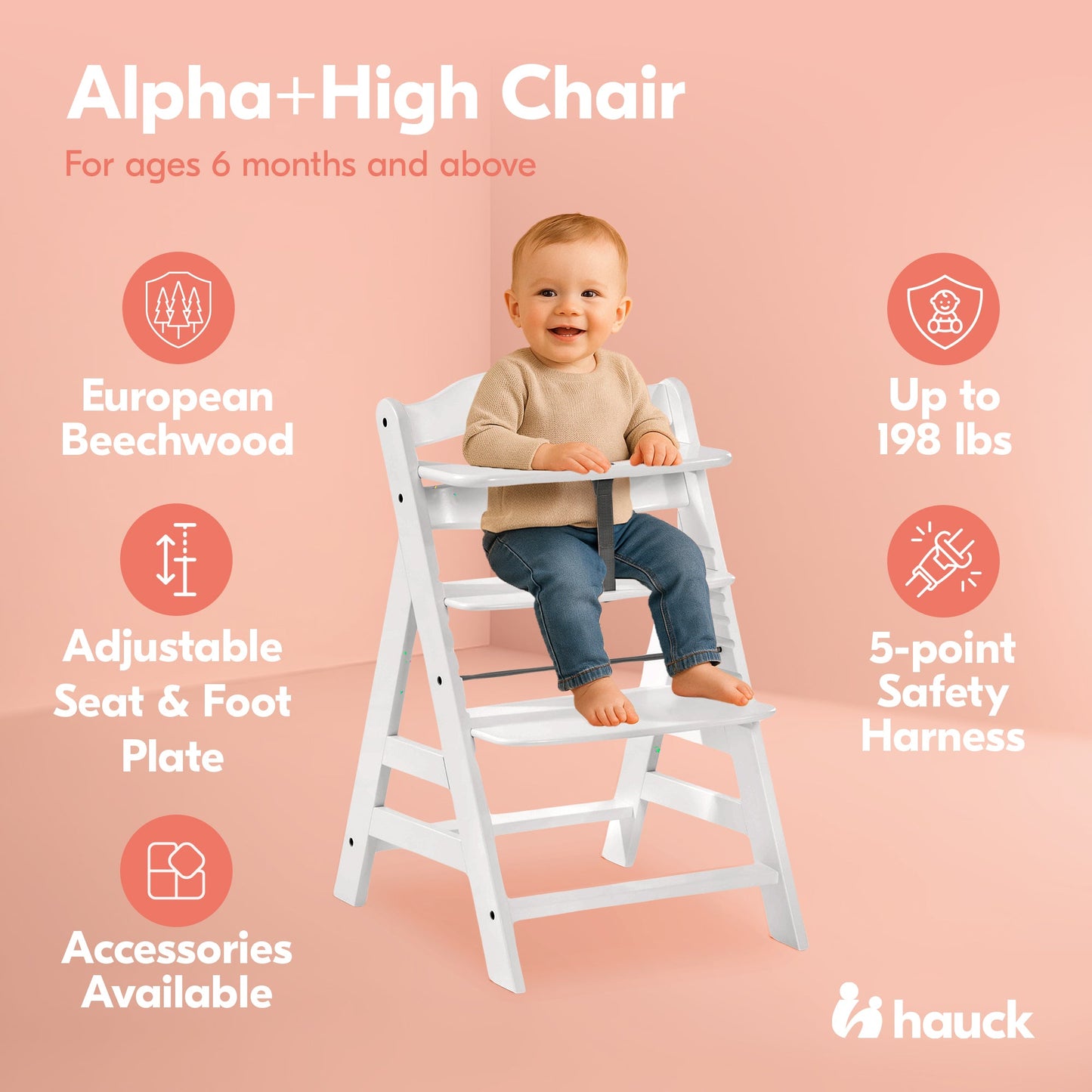 hauck Alpha+ Grow Along Adjustable Wooden Highchair, Beechwood, Creme Finish