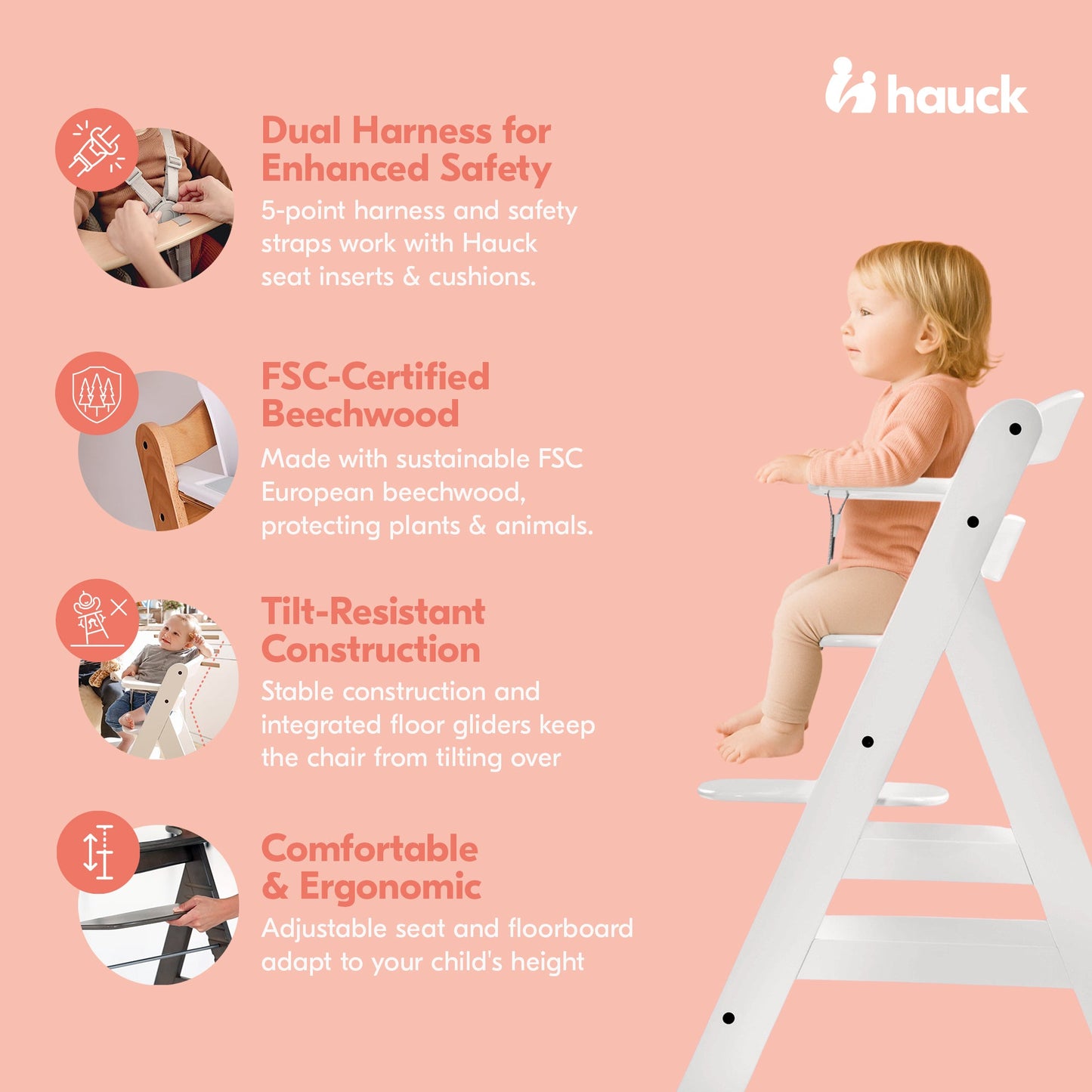 hauck Alpha+ Grow Along Adjustable Wooden Highchair, Beechwood, Creme Finish