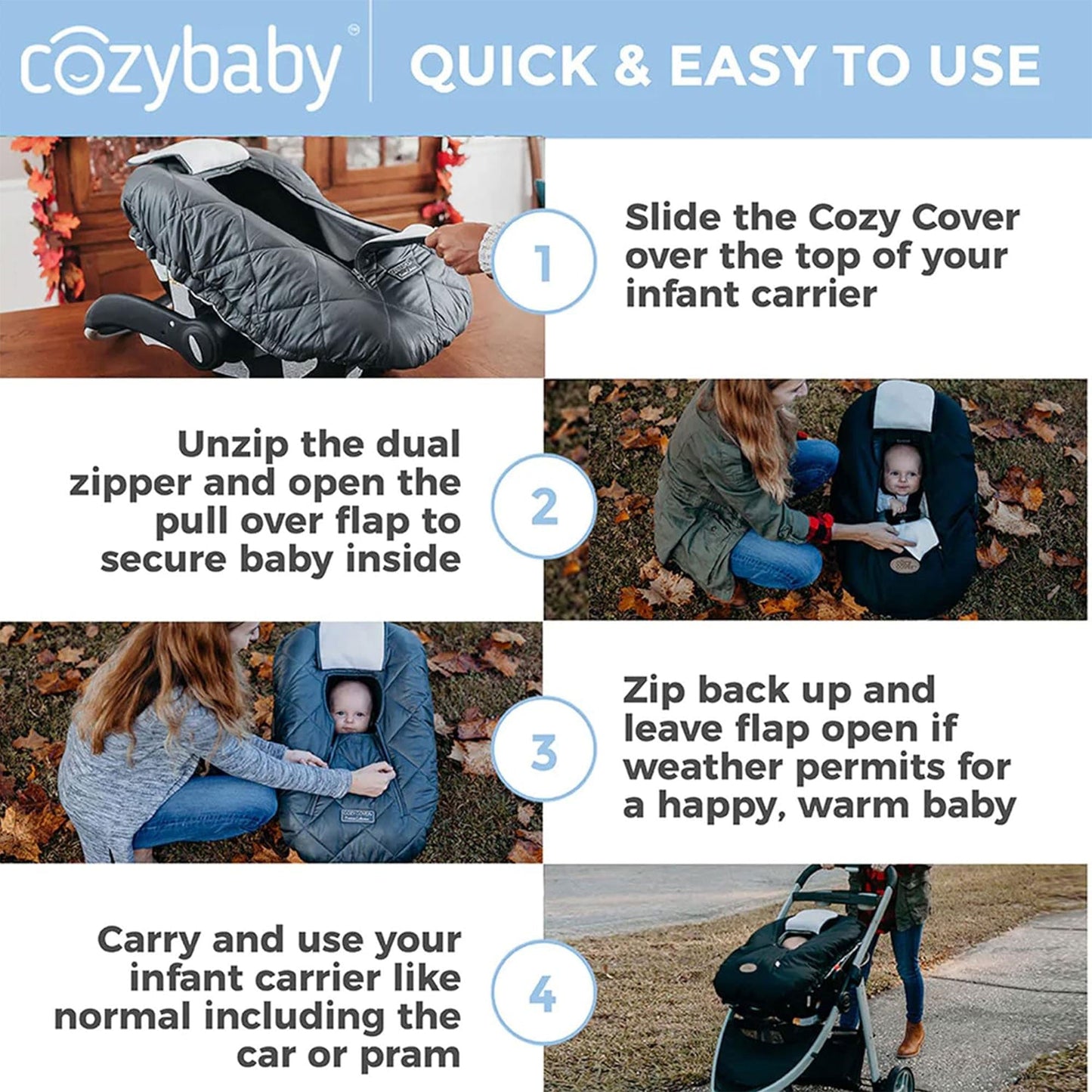 CozyBaby Original Infant Car Seat Cover w/ Dual Zippers & Elastic Edge, Pink