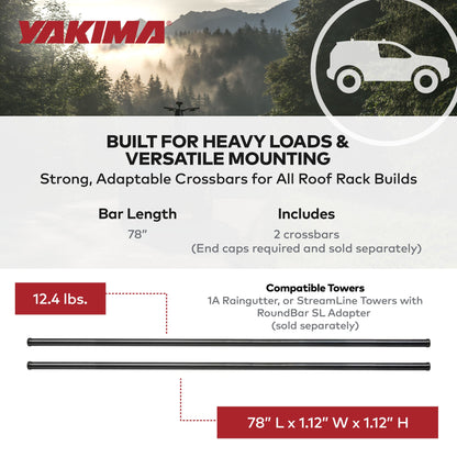 Yakima RoundBar XL 78 Inch Steel Round Roof Rack System Crossbars, Set of 2