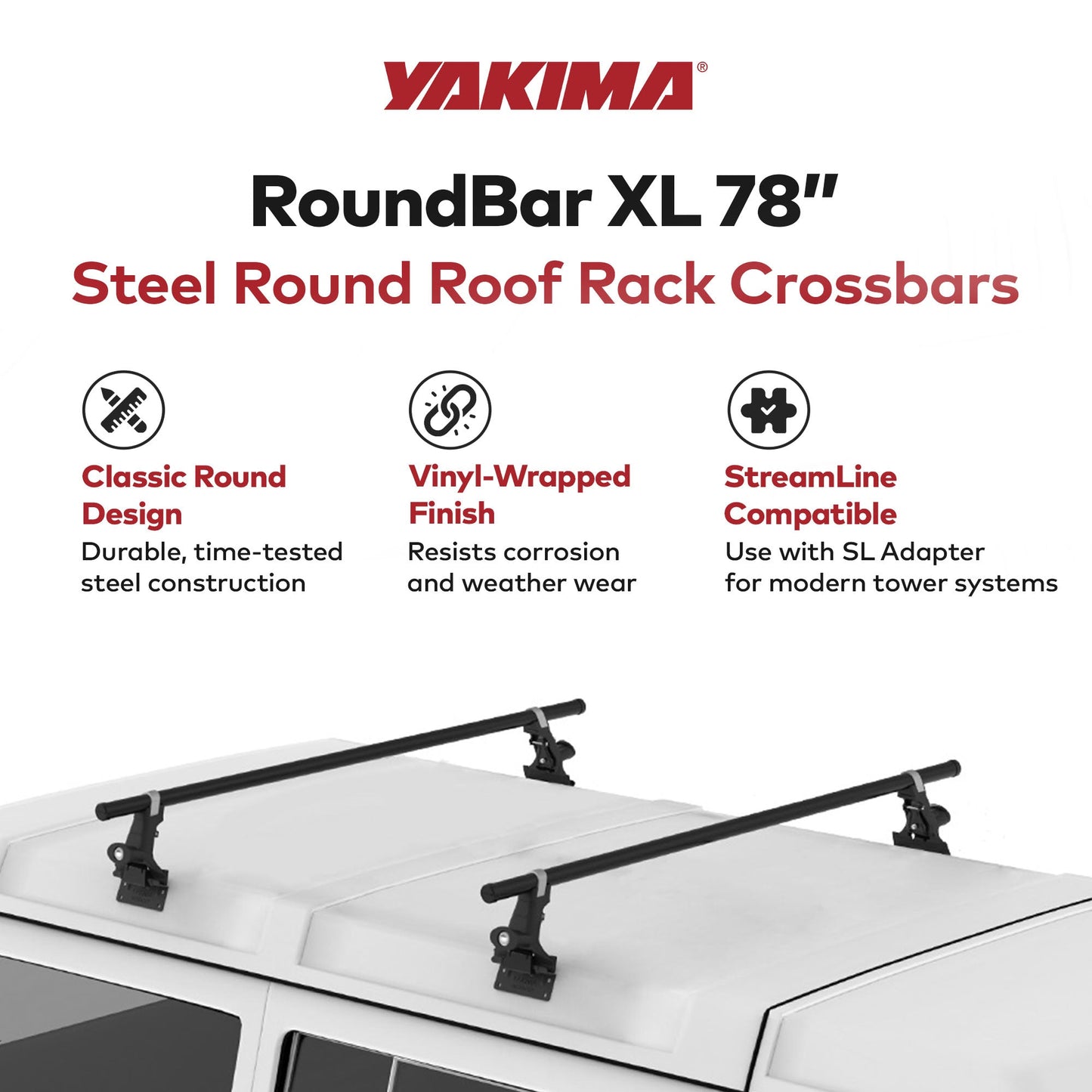 Yakima RoundBar XL 78 Inch Steel Round Roof Rack System Crossbars, Set of 2