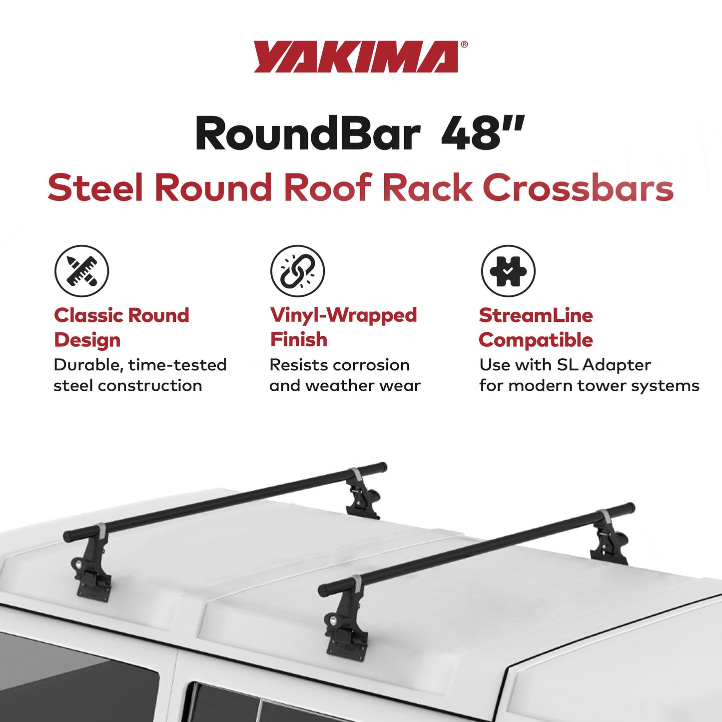 Yakima RoundBar Small 48” Steel Round Roof Rack System Crossbars, Set of 2