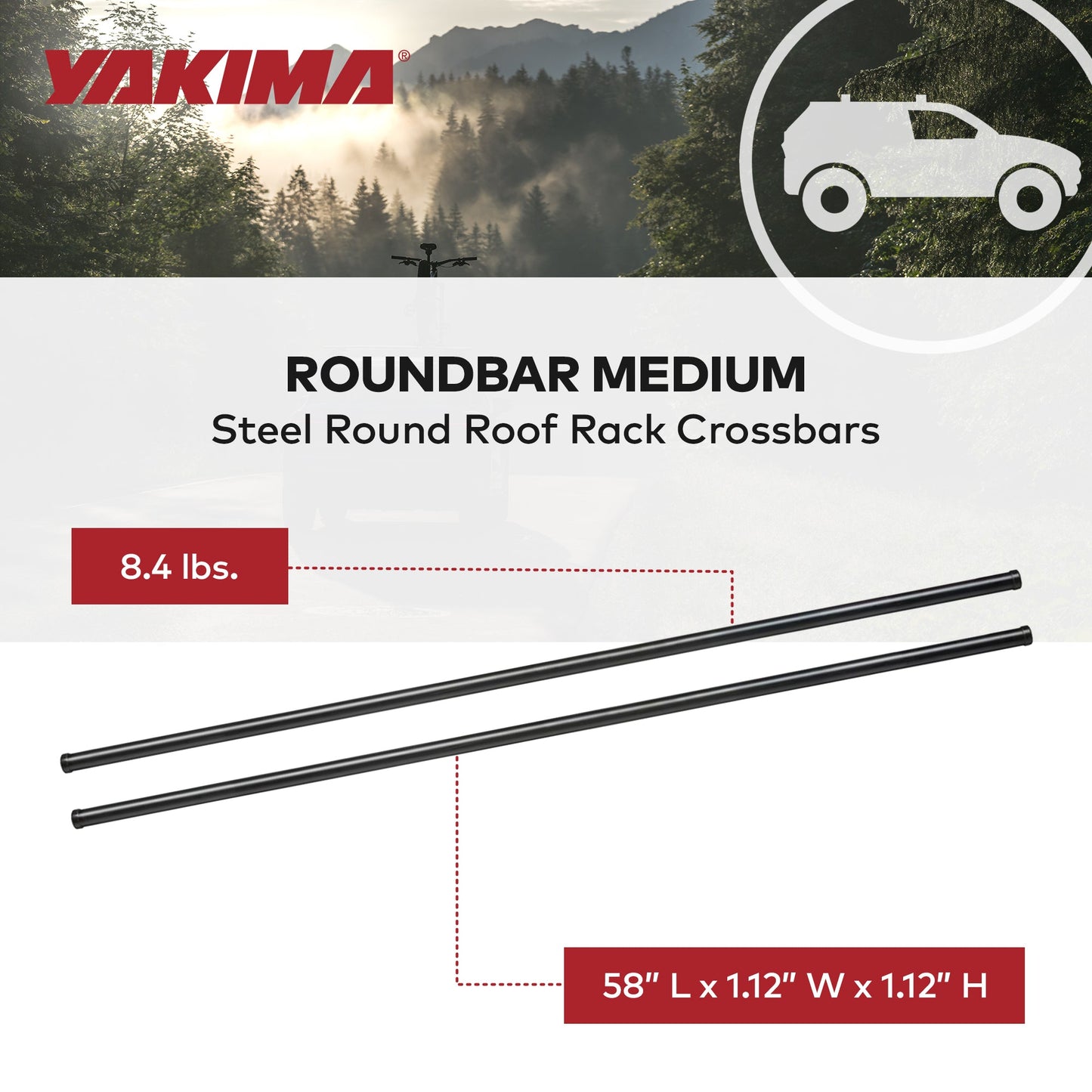 Yakima RoundBar Medium 58” Steel Round Roof Rack System Crossbars, Set of 2