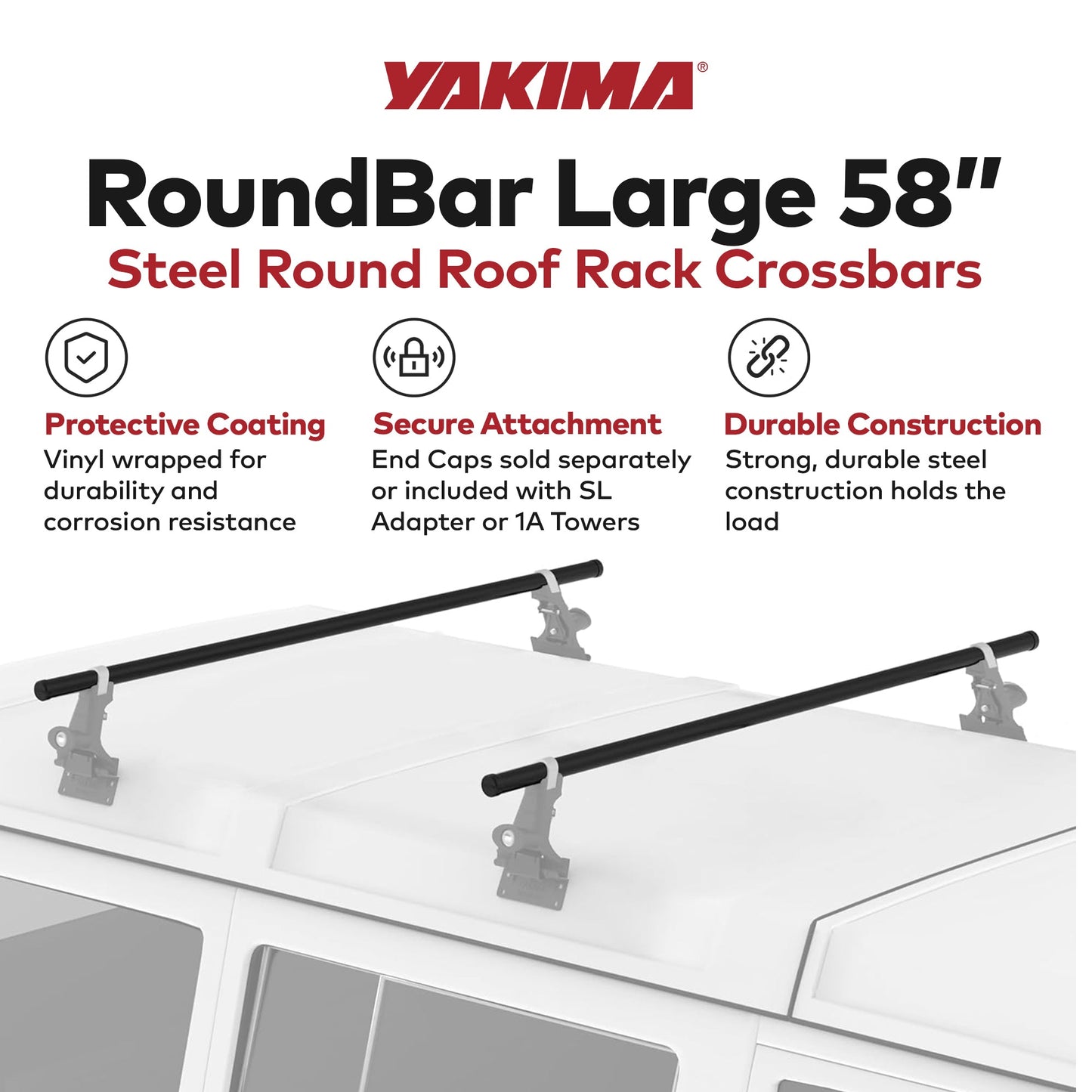 Yakima RoundBar Medium 58” Steel Round Roof Rack System Crossbars, Set of 2