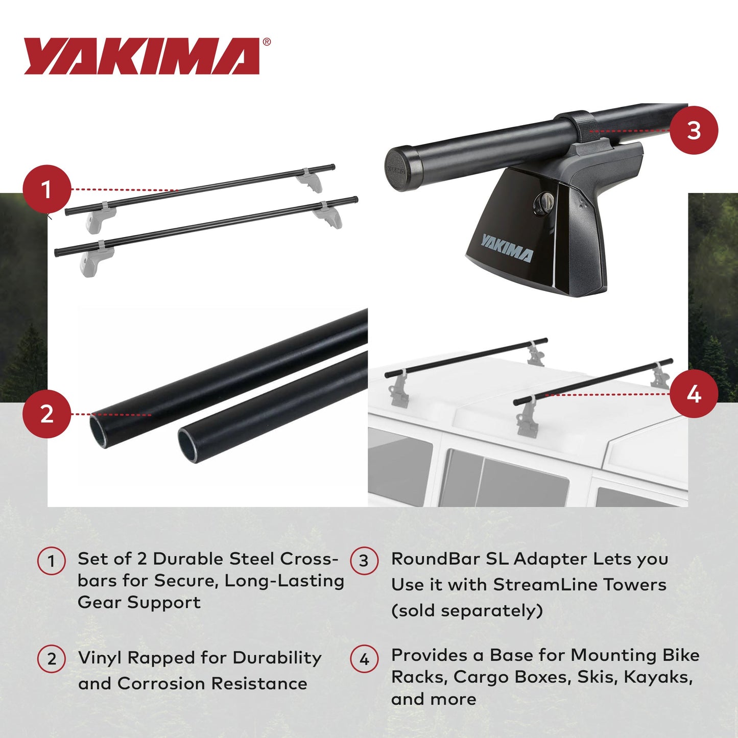 Yakima RoundBar Medium 58” Steel Round Roof Rack System Crossbars, Set of 2