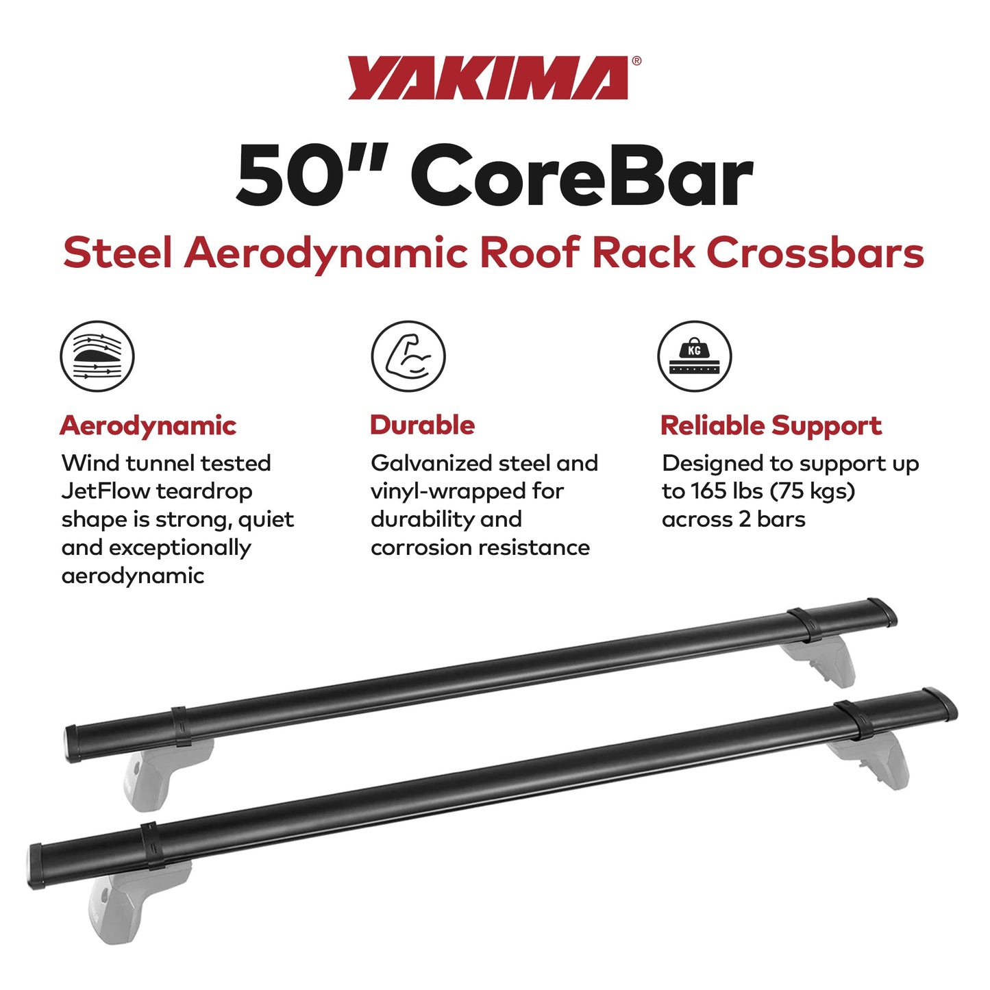 YAKIMA 50 Inch Steel CoreBar Aerodynamic Roof Rack Crossbars, Black, Set of 2