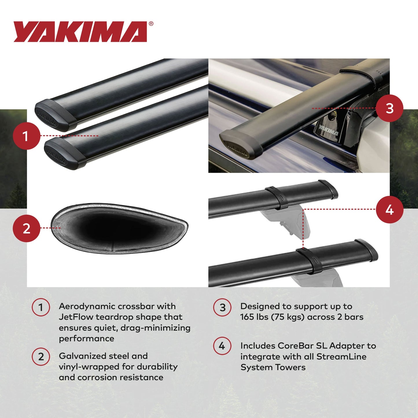 YAKIMA 50 Inch Steel CoreBar Aerodynamic Roof Rack Crossbars, Black, Set of 2