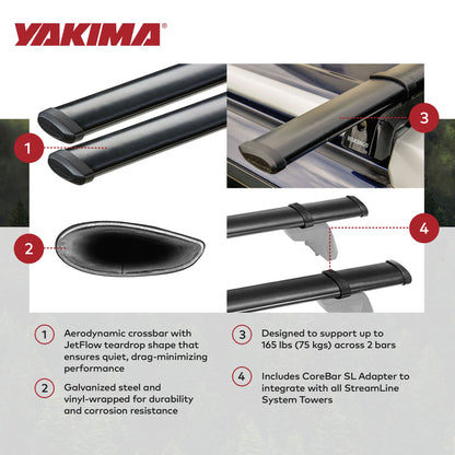 YAKIMA 50 Inch Steel CoreBar Aerodynamic Roof Rack Crossbars, Black, Set of 2