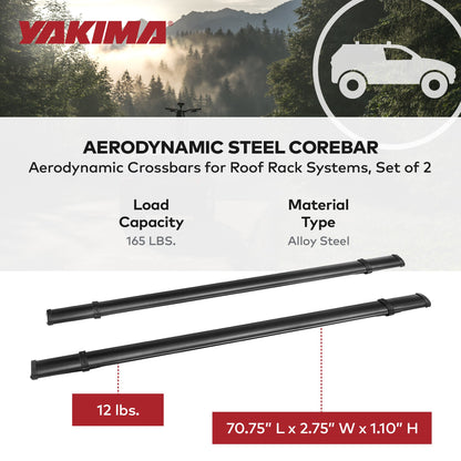 YAKIMA 70 Inch Steel CoreBar Aerodynamic Roof Rack Crossbars, Black, Set of 2