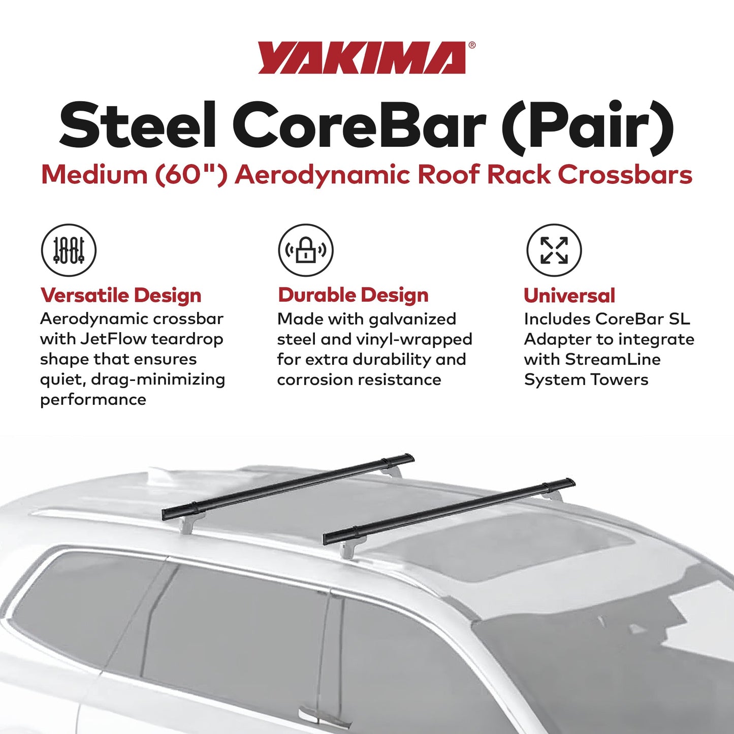 YAKIMA 60 Inch Steel CoreBar Aerodynamic Roof Rack Crossbars, Black, Set of 2