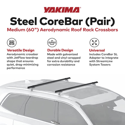 YAKIMA 60 Inch Steel CoreBar Aerodynamic Roof Rack Crossbars, Black, Set of 2