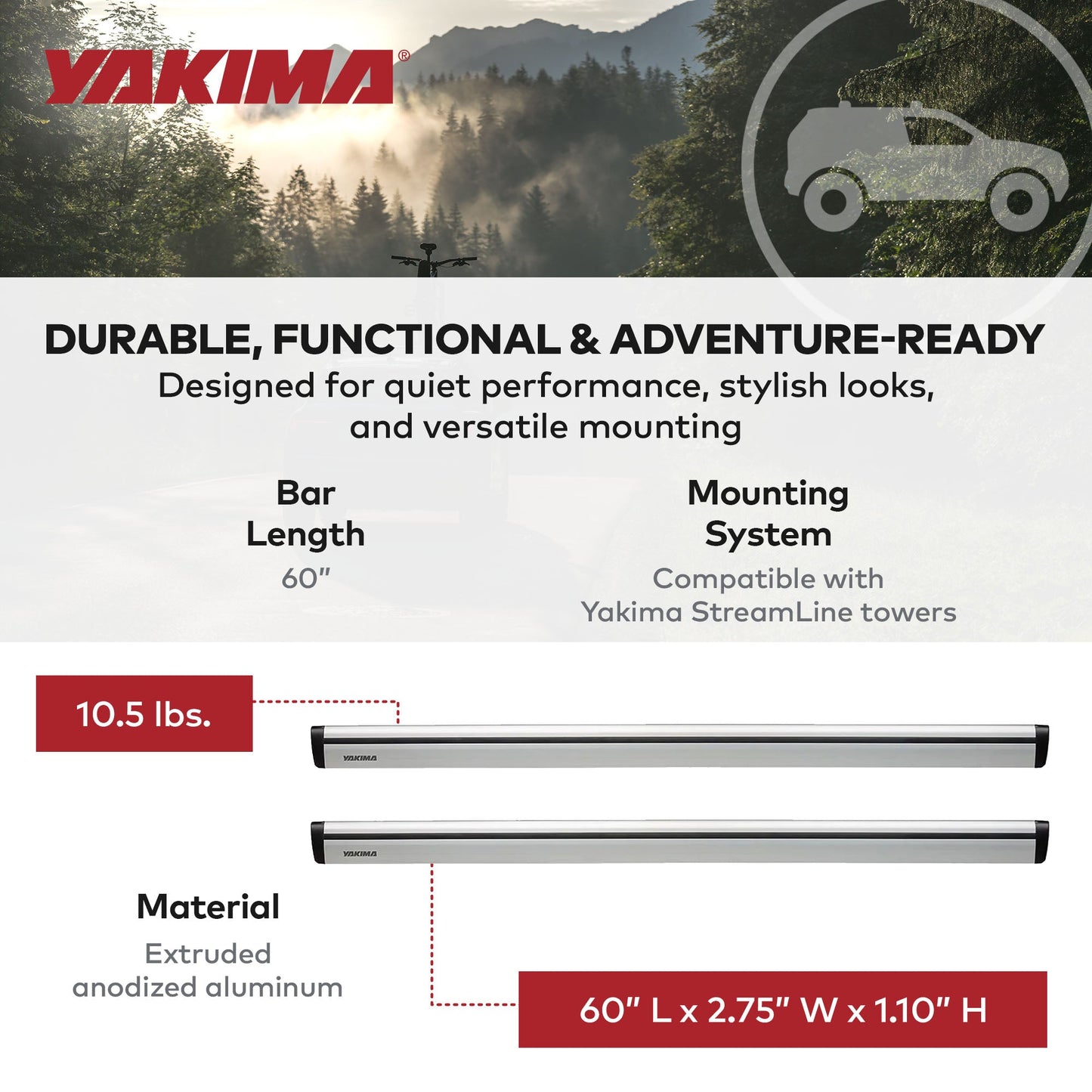 Yakima 60 Inch Pair JetStreamRoof Rack Crossbars, Compatible w/StreamLine Towers