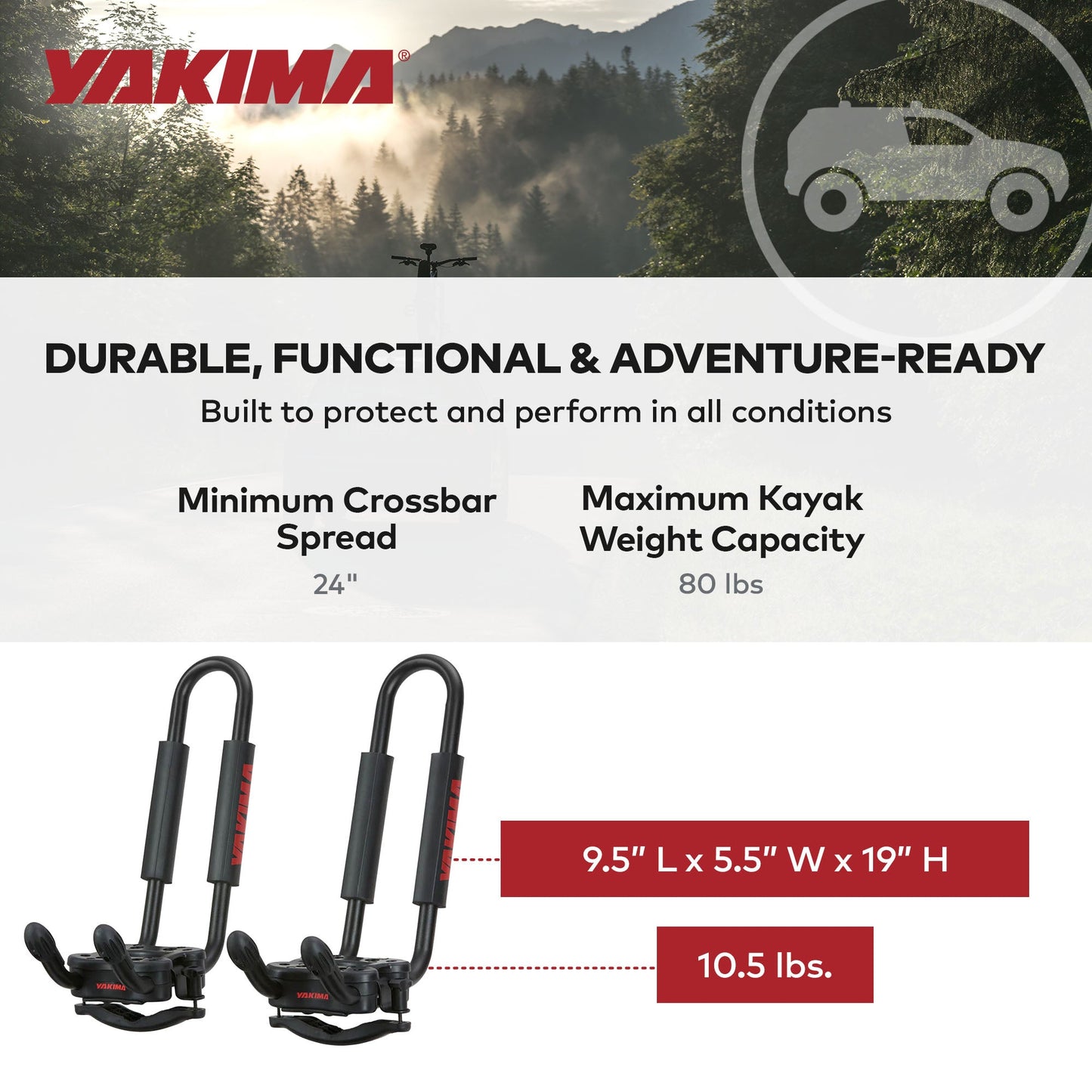 YAKIMA JayHook J-Cradle Rooftop 1 Kayak Mount, Roof Rack w/Padding & Tie Downs