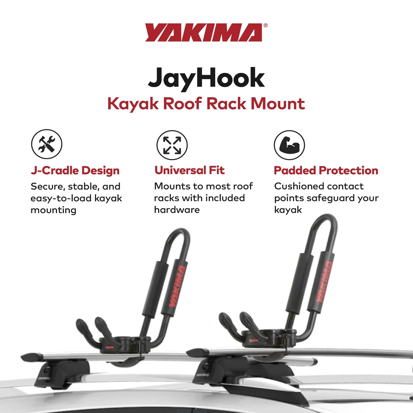 YAKIMA JayHook J-Cradle Rooftop 1 Kayak Mount, Roof Rack w/Padding & Tie Downs