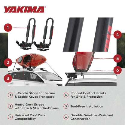 YAKIMA JayHook J-Cradle Rooftop 1 Kayak Mount, Roof Rack w/Padding & Tie Downs