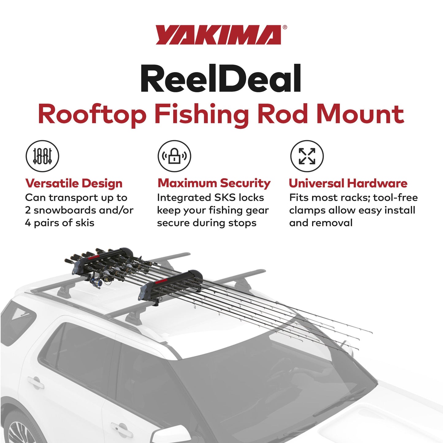 YAKIMA ReelDeal Padded Rooftop Rack Fishing Rod, Ski, and Snowboard Mount, Black