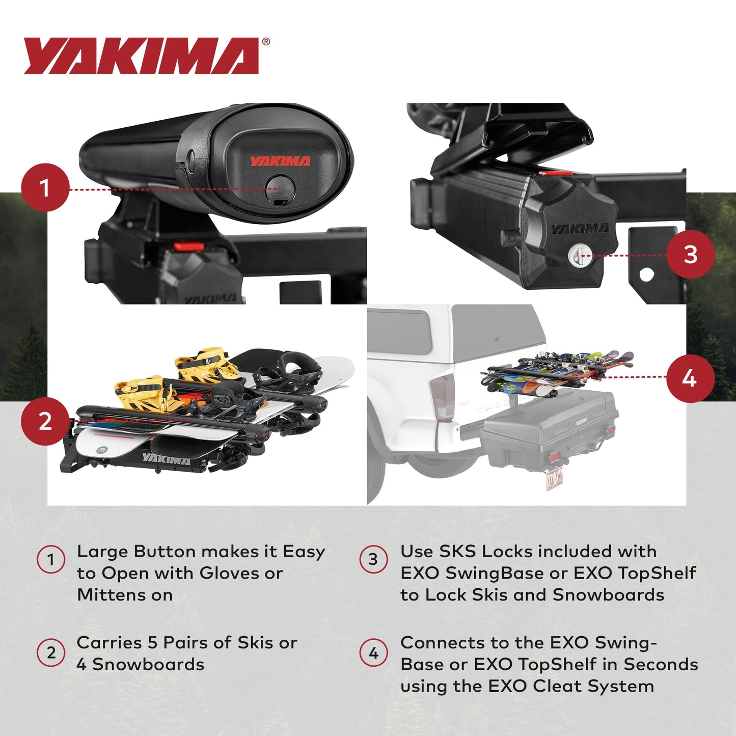 Yakima EXO SnowBank 5 Ski or 4 Snowboard Universal Mount Travel Roof Rack, Black