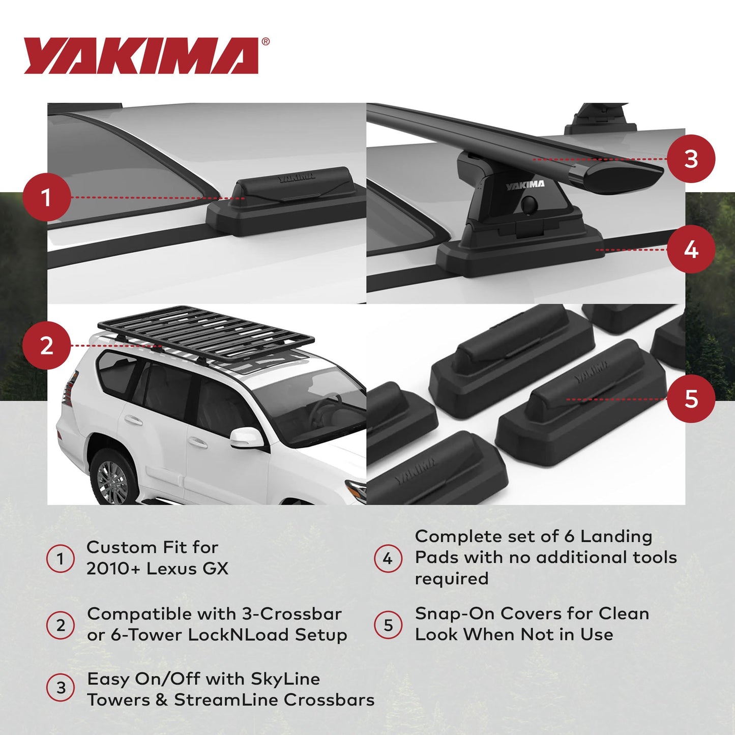 YAKIMA Landing Pad 30 Fixed Point Tower Compatible w/2010+ Lexus GX, Set of 6
