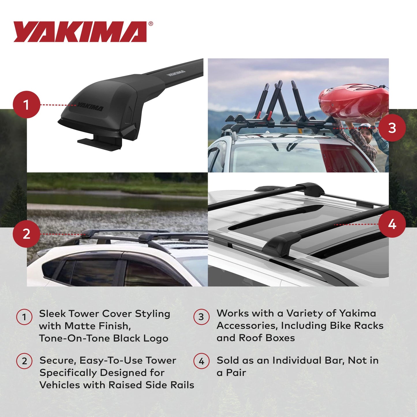 Yakima TimberLine FX SM Single Integrated Crossbar for Raised Rails, Matte Black