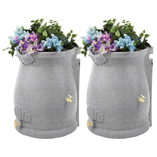 Good Ideas Rain Wizard 50 Gallon Plastic Rain Barrel Urn, Light Granite (2 Pack)