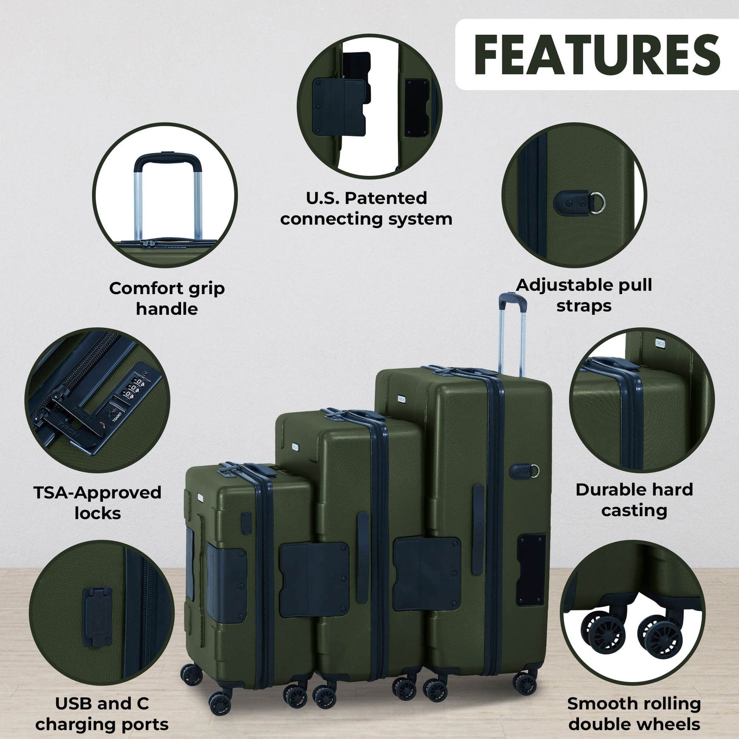 TACH V3.1 3 Piece Set Connectable Hard Shell Spinner Suitcase Luggage Set, Green