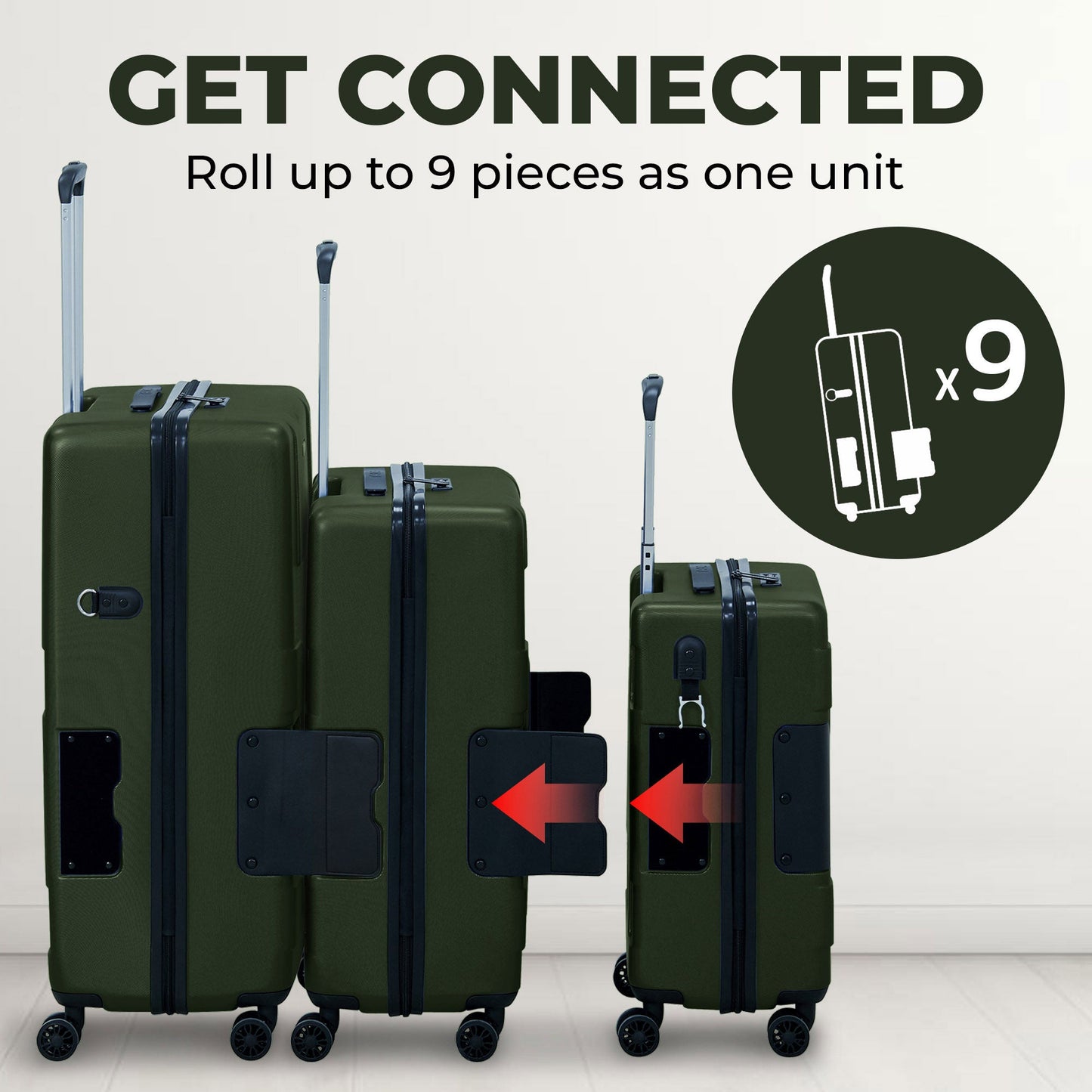 TACH V3.1 3 Piece Set Connectable Hard Shell Spinner Suitcase Luggage Set, Green