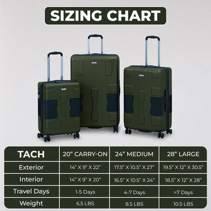 TACH V3.1 3 Piece Set Connectable Hard Shell Spinner Suitcase Luggage Set, Green