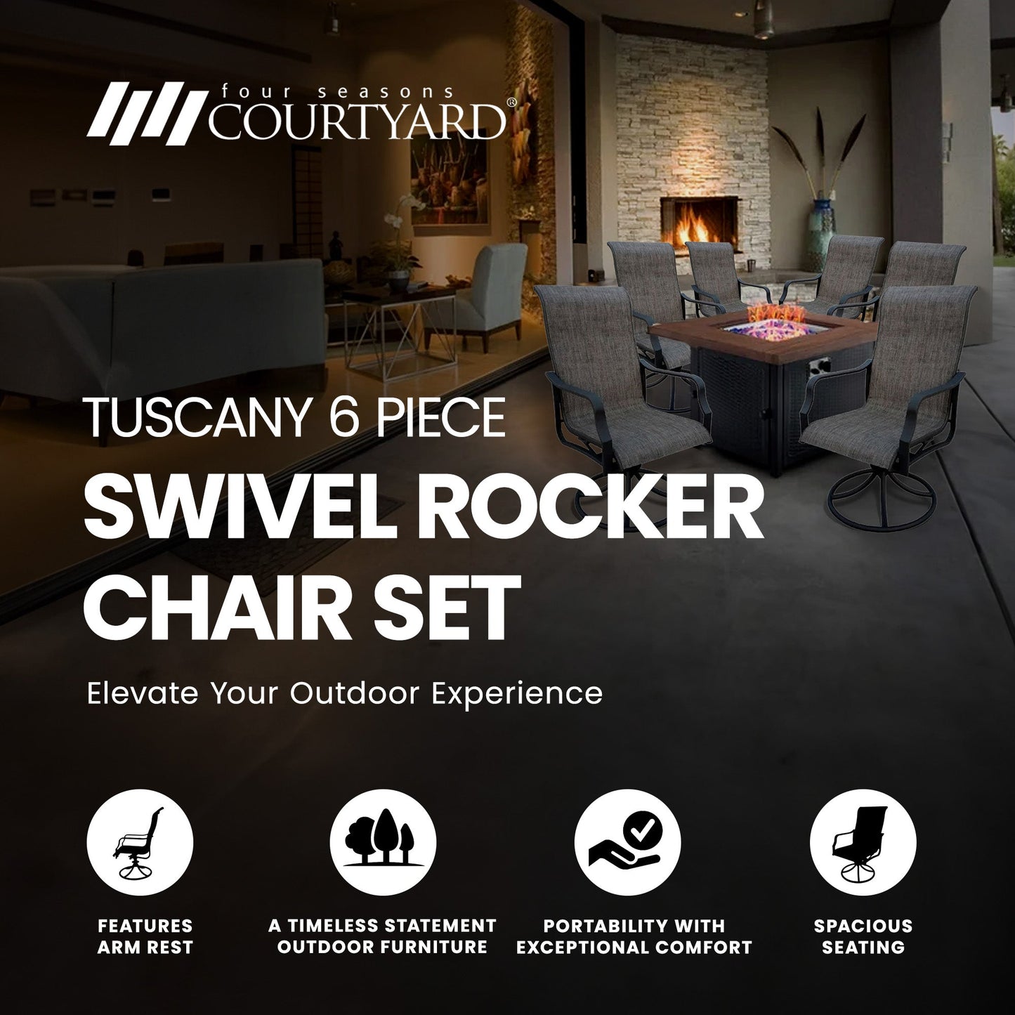 Four Seasons Courtyard Tuscany 6 Piece Swivel Rocker Chair Set w/ Aluminum Frame