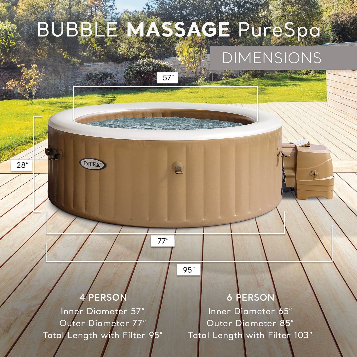 Intex PureSpa 4 Person Bubble Massage Inflatable Hot Tub Spa Set, Sahara Tan