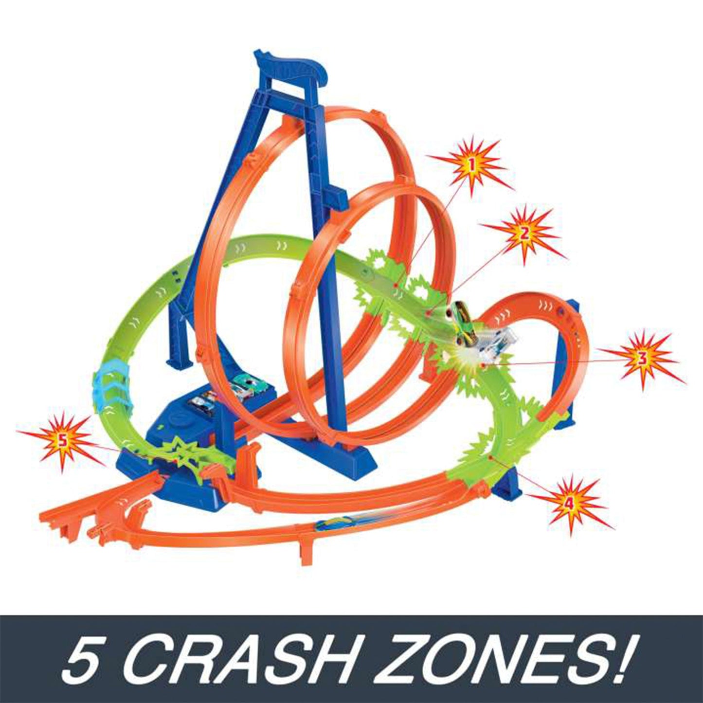 Hot Wheels Track Set with 5 Crash Zones, Motorized Booster, 1 Car, and 2 Loops