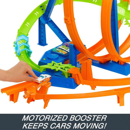 Hot Wheels Track Set with 5 Crash Zones, Motorized Booster, 1 Car, and 2 Loops