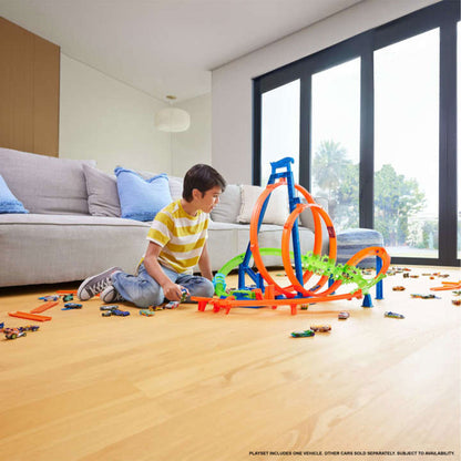 Hot Wheels Track Set with 5 Crash Zones, Motorized Booster, 1 Car, and 2 Loops