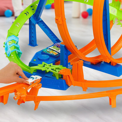 Hot Wheels Track Set with 5 Crash Zones, Motorized Booster, 1 Car, and 2 Loops