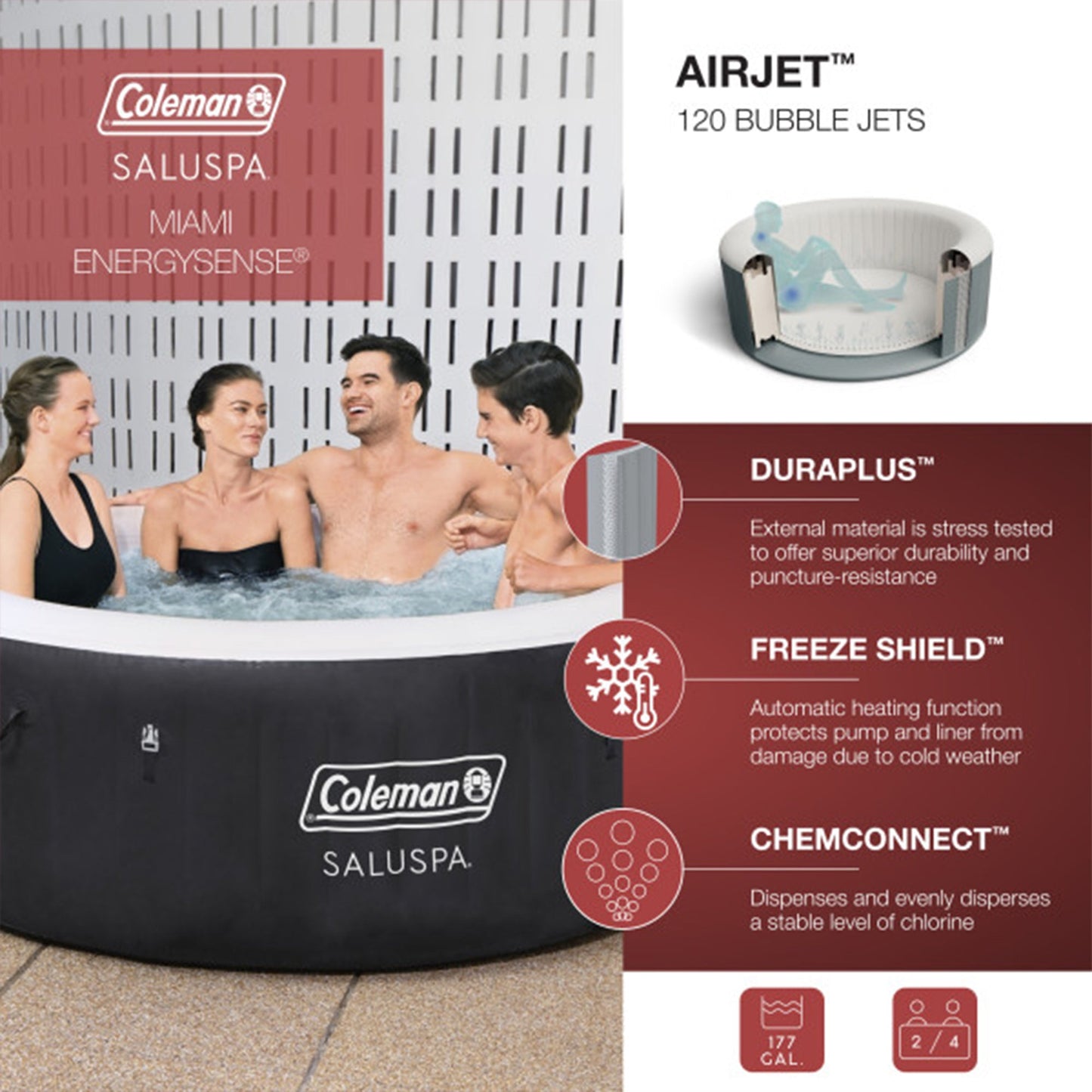 Bestway Coleman Miami Inflatable Hot Tub with 4 SaluSpa Seat & 4 Headrest Pillow