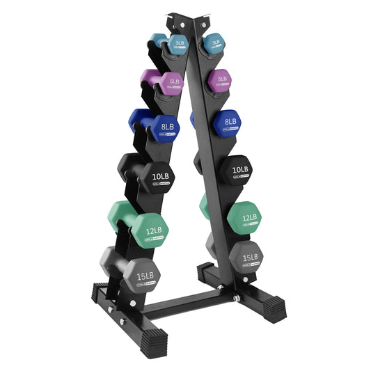 HolaHatha 3, 5, 8, 10, 12 & 15 Pound Neoprene Dumbbell Weight Set w/Storage Rack