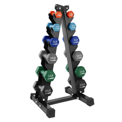 HolaHatha 3, 5, 8, 10, 12 & 15 Pound Neoprene Dumbbell Weight Set w/Storage Rack