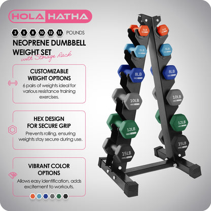 HolaHatha 3, 5, 8, 10, 12 & 15 Pound Neoprene Dumbbell Weight Set w/Storage Rack