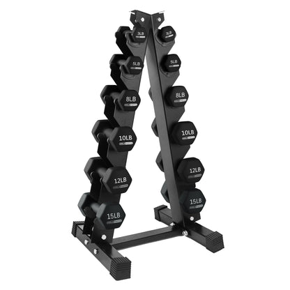 HolaHatha 3, 5, 8, 10, 12 & 15 Pound Neoprene Dumbbell Weight Set w/Storage Rack