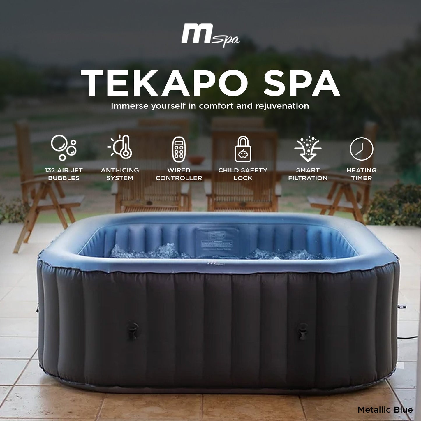MSpa Square Inflatable 4 to 6 Person Bubble Spa w/Energy Efficient Cover, Tekapo