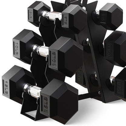 BalanceFrom Rubber Encased Hex 5, 8, and 10 Pound Dumbbell Pairs with Metal Rack