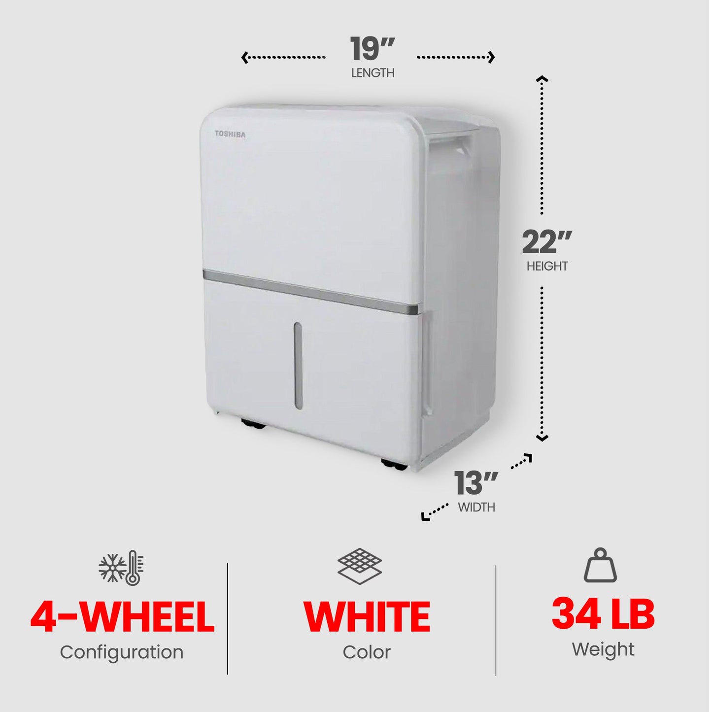 Toshiba 22 Pint Portable Home Room Dehumidifier, White (Certified Refurbished)